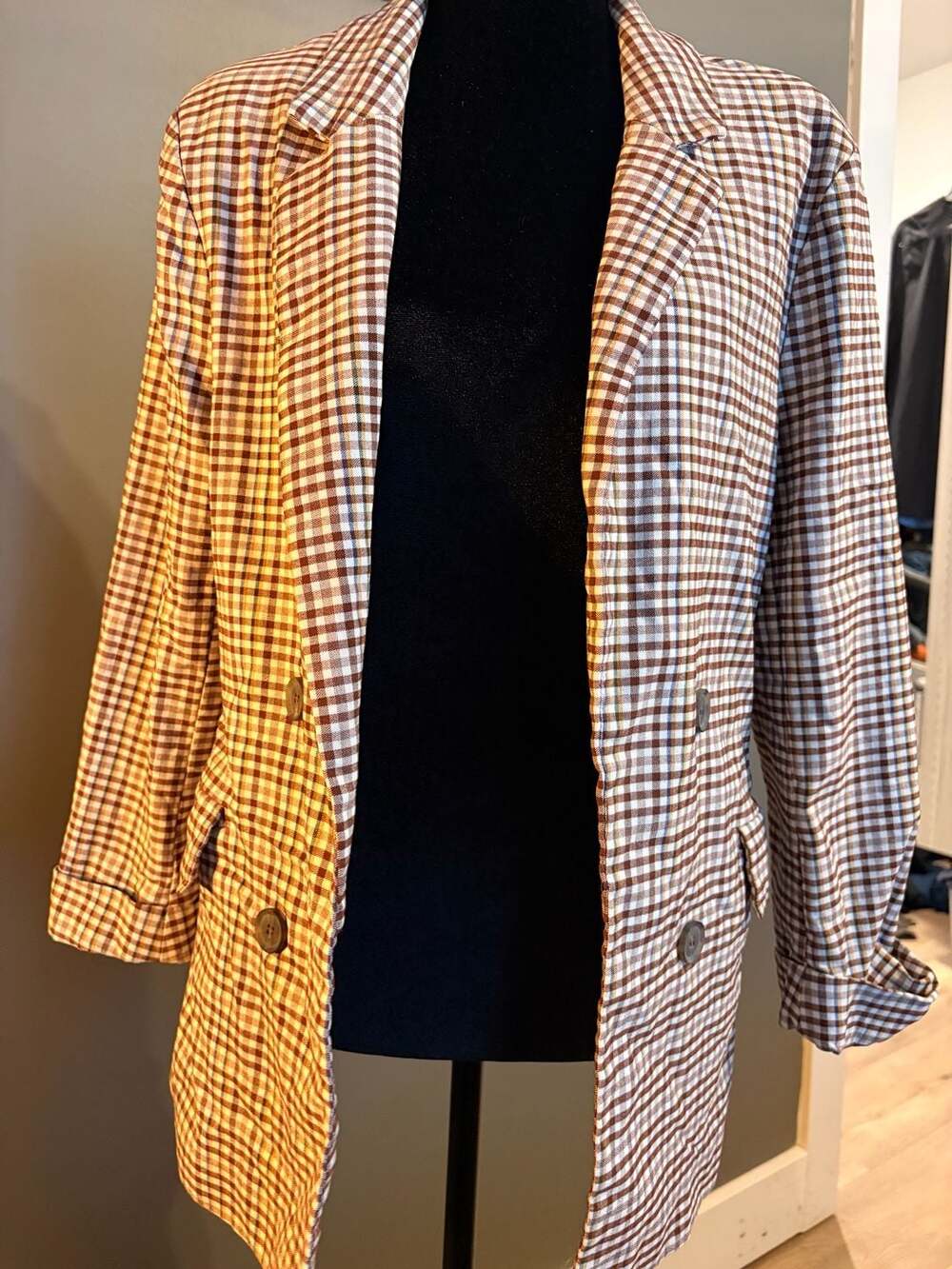 Love Tree Women's Brown and White Gingham Plaid Double Breasted Blazer